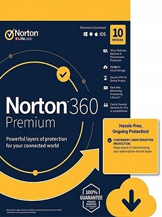 Norton 360 Premium + 75 GB Cloud Storage (10 Devices, 2 Years) – NortonLifeLock Key – EUROPE